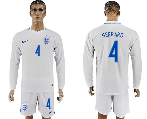 England #4 Gerrard Home Long Sleeves Soccer Country Jersey - Click Image to Close